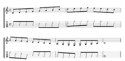 5弦の3フレットの「ド」（薬指で押さえる）から上行するパターン