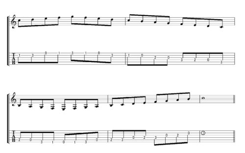 2弦の1フレットの「ド」（人差し指）から上行して下降するパターンです